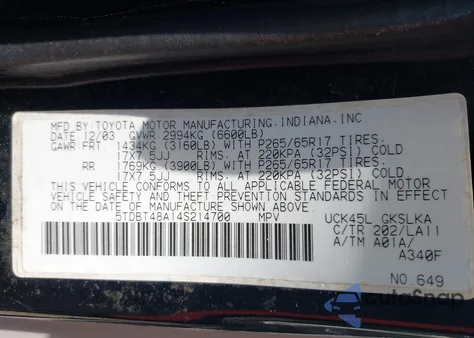 2004 Toyota Sequoia Limited V8 z USA, uszkodzony, nr VIN 5TDBT48A14S214700